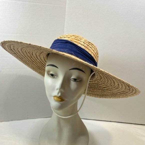 Large Brim Woven Straw Hat w/Navy Blue Bow & White Tie Cord - Picture 2 of 6